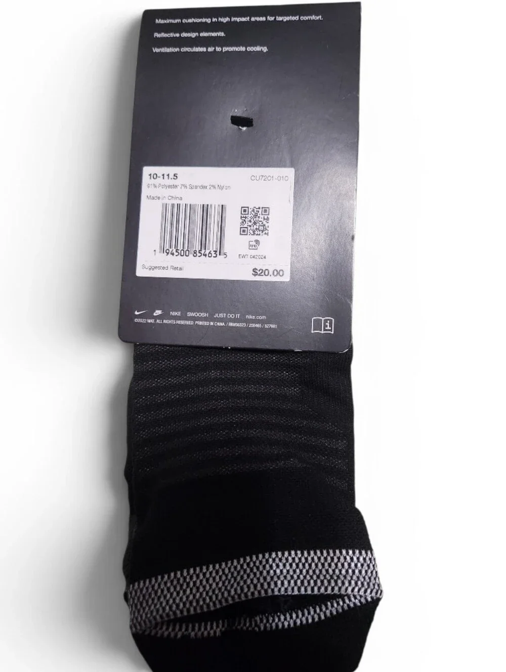 NIKE SPARK No-Show Sock Charcoal Gray Womens Size 11.5 - 13 Mens Size 10 - 11.5